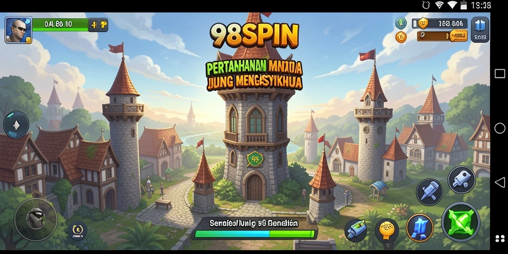 Tangkapan layar gameplay 98SPIN dengan pertahanan menara yang strategis.