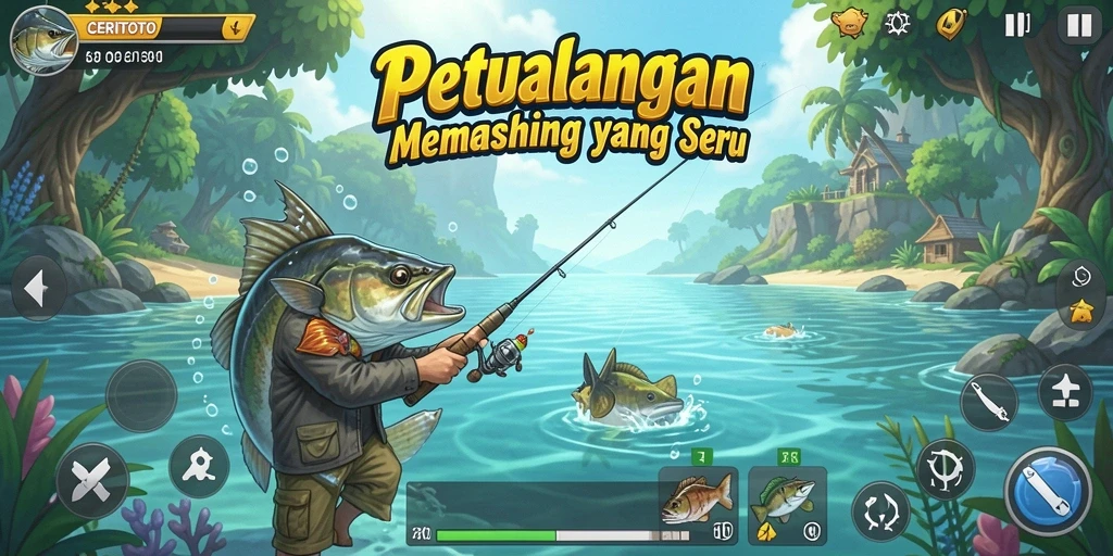 Tampilan seru gameplay CERITOTO saat menangkap ikan besar.
