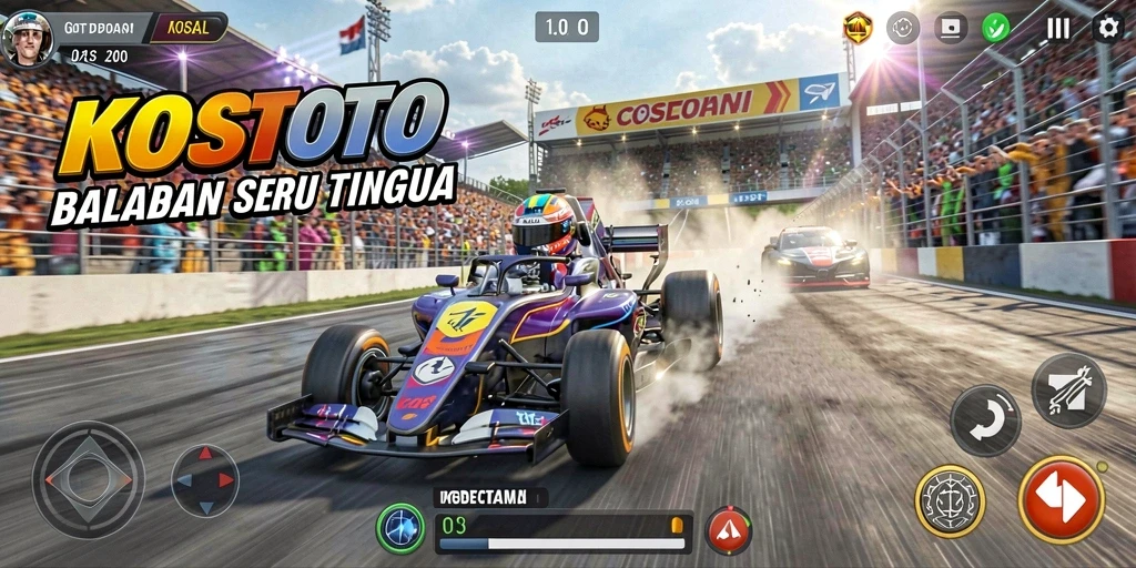 Tampilan gameplay KOSTOTO dengan mobil balap yang cepat dan trek menantang.