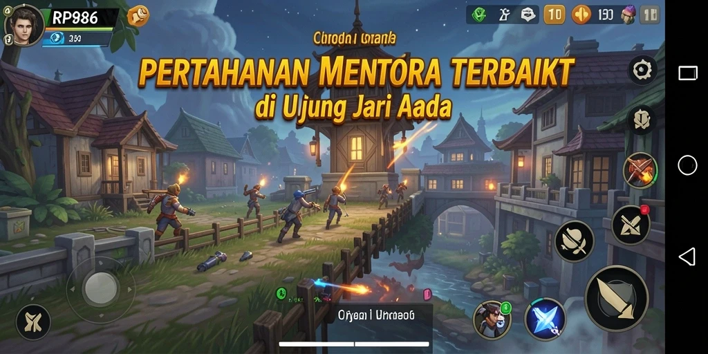 Tangkapan layar gameplay RP886 menunjukkan pertarungan menara yang seru dan strategis.