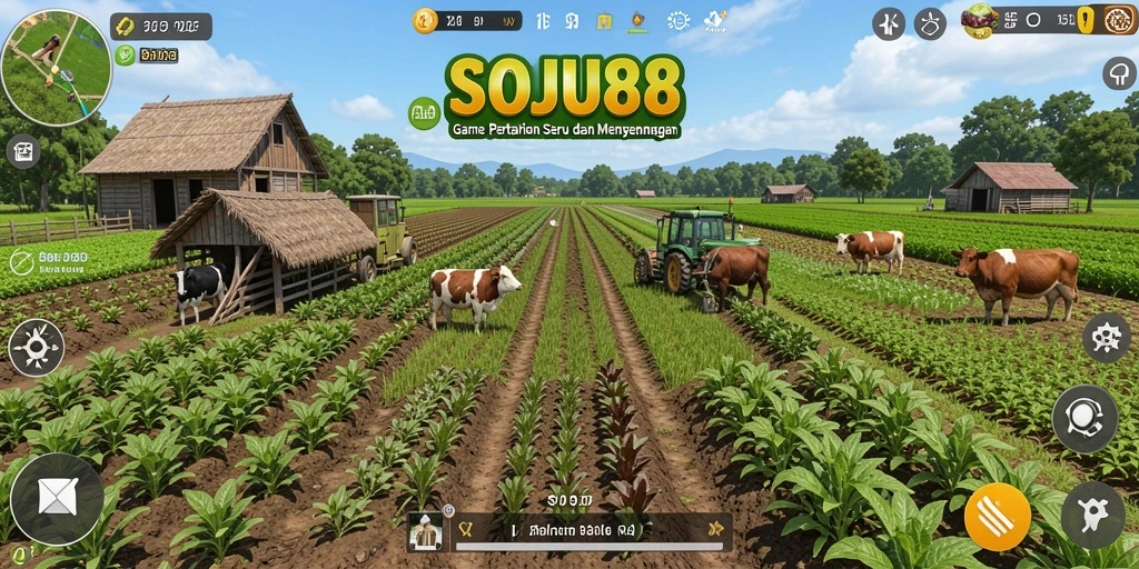 Screenshot gameplay SOJU88 menampilkan ladang yang subur dan tanaman yang tumbuh.