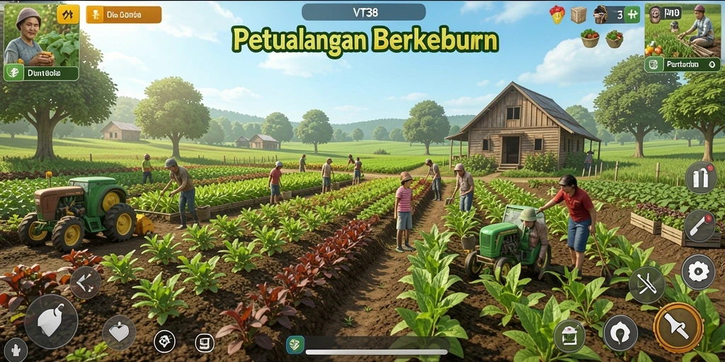 Screenshot gameplay VT38 menampilkan aktivitas berkebun yang seru.